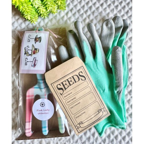 New Spring Gardening Gift Set w/ Metal Hand Rake, Seed Envelopes, Green Gloves - Picture 1 of 7